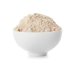 Bowl with flour on white background