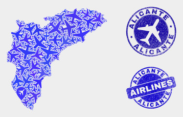 Airlines vector Alicante Province map mosaic and grunge watermarks. Abstract Alicante Province map is organized with blue flat randomized airlines symbols and map markers.