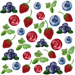 Background pattern of summer berries on white background for decoration and design.