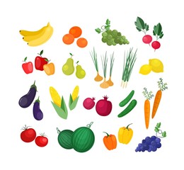 Collection of ripe fresh organic fruits and vegetables isolated on white background. Bundle of delicious natural crops or wholesome vegetarian grocery products. Flat cartoon vector illustration.