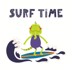 Hand drawn vector illustration of a cute iguana in summer surfing, with lettering quote Surf time. Isolated objects on white background. Scandinavian style flat design. Concept for children print.