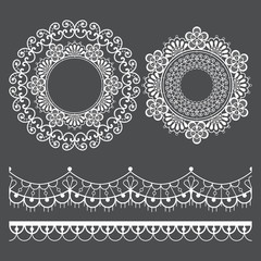Mandala lace vector pattern, vintage round design with flowers and swirls in white on gray background