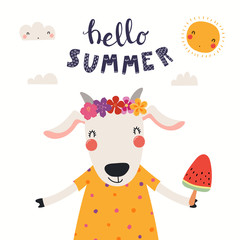 Hand drawn vector illustration of a cute goat eating ice cream, with lettering quote Hello Summer. Isolated objects on white background. Scandinavian style flat design. Concept for children print.