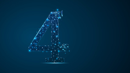 number four 2D low poly abstract illustration consisting of points, lines, and shapes in the form of planets, stars and the universe. Raster digit 4wireframe concept.