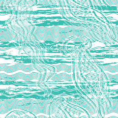 Seamless vector pattern with jellyfish on texture background. Abstract nature background. Monochrome.
