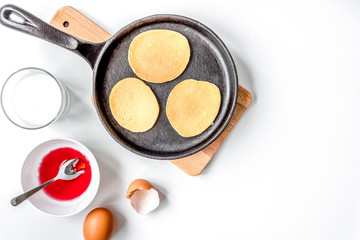 cooking pancake on white background top view ingredients for making