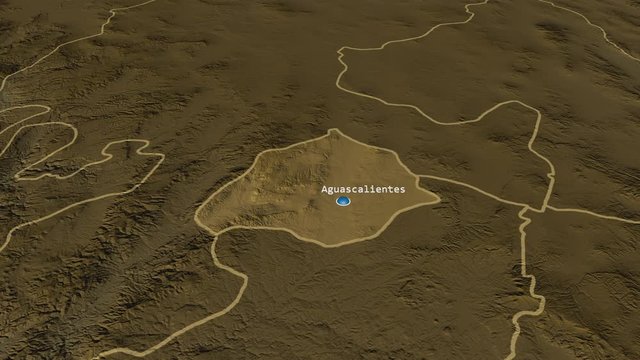 Aguascalientes - state of Mexico zoomed on the physical map of the globe. Animation 3D