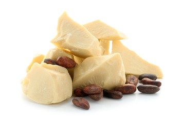 Pieces of cocoa butter on white background