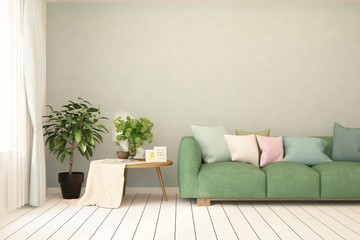 Stylish room in white color with sofa. Scandinavian interior design. 3D illustration