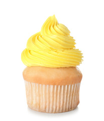 Sweet tasty cupcake on white background