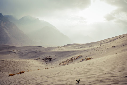 Landscape view of Sarfaranga Katpana Cold Desert against snow capped mountain range and cloudy sky in Skardu. Gilgit Baltistan, Pakistan.