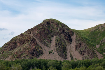 High rocky mountains with steep peaks.