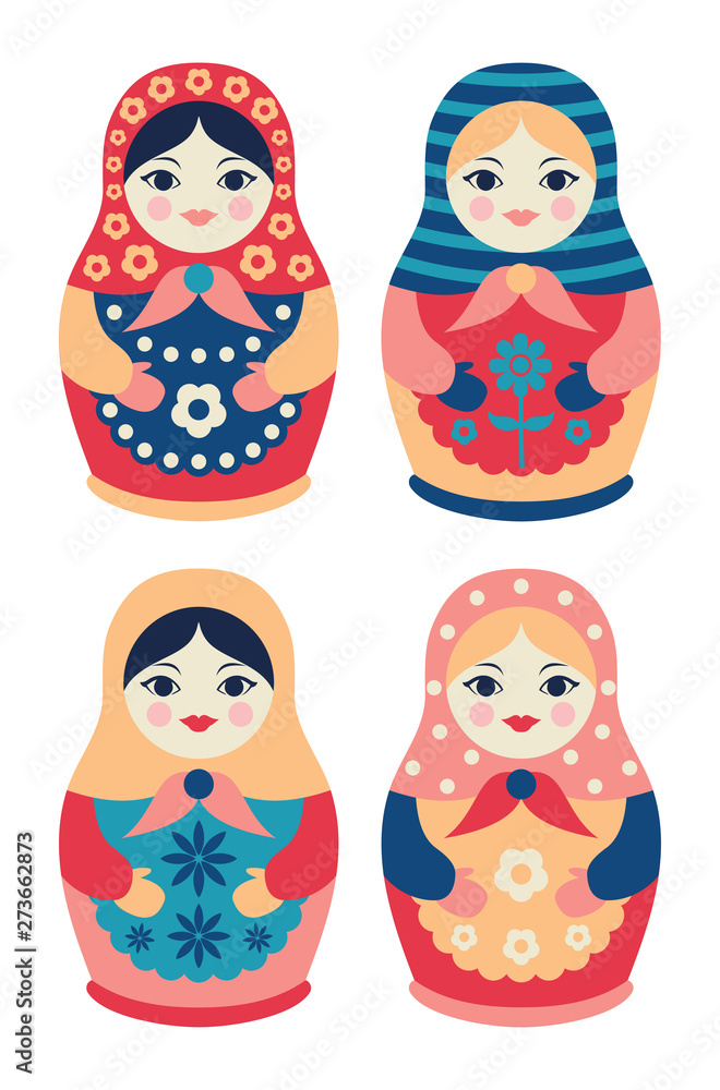 Wall mural Set of traditional Russian wooden dolls in flat style. Collection of nesting matryoshkas