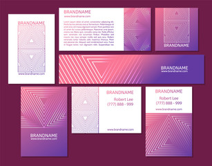 Fototapeta premium Vector set of business cards, flayers, banners with abstract geometric line pattern background for business brochure cover design. Pink, violet vector banner poster template.