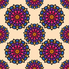 Fototapeta na wymiar Seamless pattern with ethnic mandala art ornament. Mandala seamless pattern background. Floral mandala pattern background