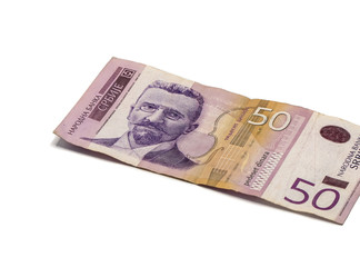 One  banknote worth 50 Serbian Dinars with a portrait of violinist Stevan Mokranyats isolated on a white background