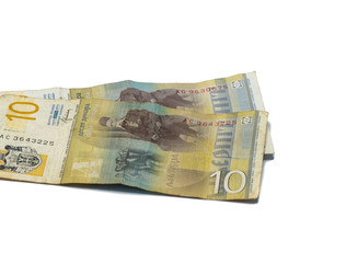Two  banknotes worth 10 Serbian Dinars with a portrait of a Linguist Vuk Karadzic isolated on a white background