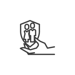 Family insurance line icon. linear style sign for mobile concept and web design. Hand with marriage couple shield outline vector icon. Symbol, logo illustration. Vector graphics