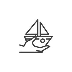 Cruise, ship insurance line icon. linear style sign for mobile concept and web design. Hand with boat outline vector icon. Symbol, logo illustration. Vector graphics