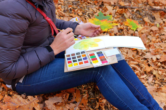 Woman's hands painting a sketch of autumn leaf with watercolors in the open air on autumn forest