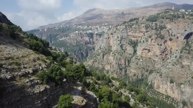 Aerial Drone Shot of the brautiful Kadisha Valley/Qadisha Valley in Lebanon