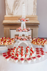 Delicious Tasty Wedding Food Composition for Guest. Macaroons, Bowl of Strawberry Yogurt and Fresh Berries and Eclair with Raspberries on Table Decorated Eiffel Tower and Fireplace on Background