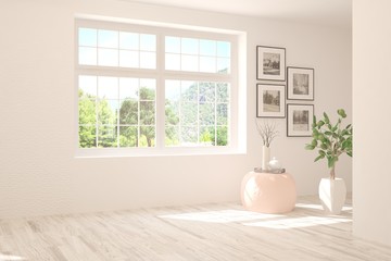 Stylish empty room in white color with summer landscape in window. Scandinavian interior design. 3D illustration