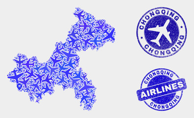 Air plane vector Chongqing City map composition and grunge seals. Abstract Chongqing City map is organized with blue flat scattered airline symbols and map pointers. Flight plan in blue colors,