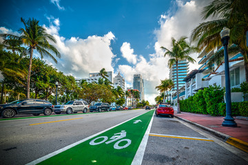 Green bike lane in world famous Miami Beach