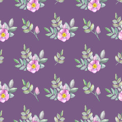 Seamless hand drawn pattern with floral elements isolated on violet background. Endless texture with watercolor dog rose flowers