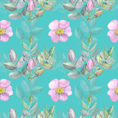 Seamless pattern with wild roses and leaves isolated on blue background. Watercolor pink flowers and green twigs