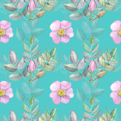 Seamless pattern with wild roses and leaves isolated on blue background. Watercolor pink flowers and green twigs