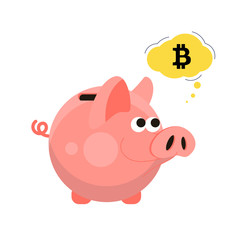 Cute pink piggy bank is dreaming about bitcoin.