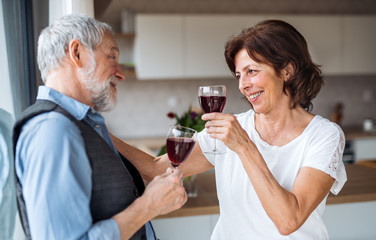 A portrait of senior couple in love indoors at home, clinking glasses.