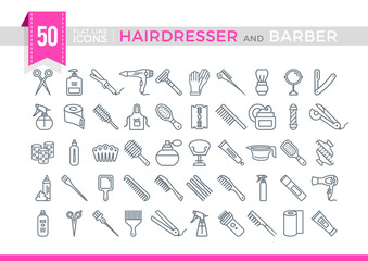 Set Vector Flat Line Icons Hairdesser and Barber