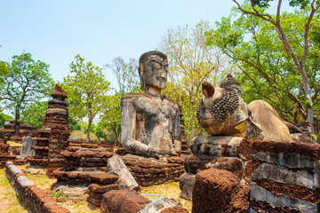 Buddha statue made Made from cement ,in World heritage Kamphaeng Phet historical park, Thailand