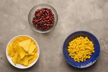 Nacho chips, beans and corn