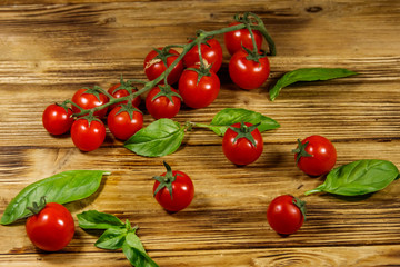 Fototapeta na wymiar Fresh cherry tomatoes with green basil leaves on a wooden table