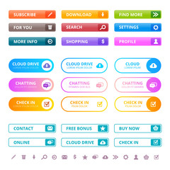 Fototapeta na wymiar Web colored buttons. Internet ui flat elements menu colored buttons modern tabs interface vector design template. Illustration of contact user buttons, colorful subscribe and navigation
