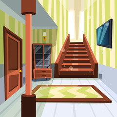 House interior. Apartment light room hallway with staircase and storage room vector cartoon illustrations. House interior hall room, home apartment staircase