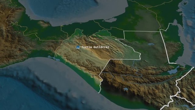 Chiapas - state of Mexico zoomed on the physical map of the globe. Animation 3D