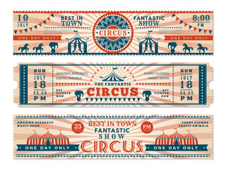 Circus tickets. Horizontal banners invitation for circus show carnival retro web vector banners. Illustration of ticket to circus, entertainment amusement invitation