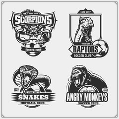 Set of vector football and soccer badges, labels and design elements. Sport club emblems with gorilla, cobra, raptor dinosaur and scorpion. Print design for t-shirts.