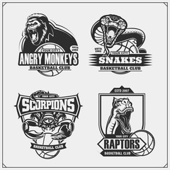 Set of basketball emblems, badges, logos and labels with gorilla, cobra, raptor dinosaur and scorpion. Print design for t-shirt.