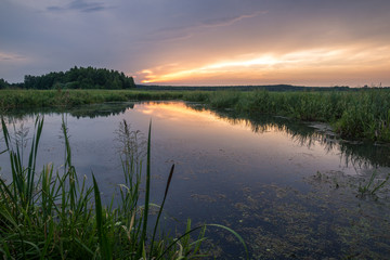 Sunrise over the backwaters Luciaza river near Sulejow, Lodzkie, Poand