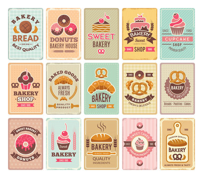 Vintage bakery cards. Delicious pastries cafe shop and cakes vector labels. Donut and cupcake, shop bakery, cooking delicious banner illustration