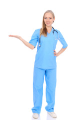 Doctor woman or nurse isolated over white background. Cheerful smiling medical staff representative. Medicine concept