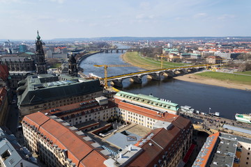 Aerial view of Dresden cathedral of the Holy Trinity with Augustus bridge over Elbe in Dresden, Germany, sunny spring day