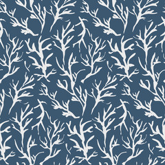Fototapeta na wymiar Dark blue seamless pattern with white hand drawn inky branches and twigs. Monochrome winter traditional chinese ink floral elements texture for textile, wrapping paper, cover, surface, wallpaper