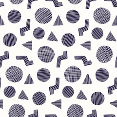 Trendy seamless pattern with dark blue doodle striped geometric shapes. Abstract fashion vector texture with hand drawn elements for textile, wrapping paper, cover, surface, background, wallpaper